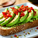 **Image Prompt:** Close-up shot of avocado toast. Roughly mashed avocado on golden sourdough bread, sprinkled with red pepper flakes. Focus on the texture of the bread and the vibrant green of the avocado.