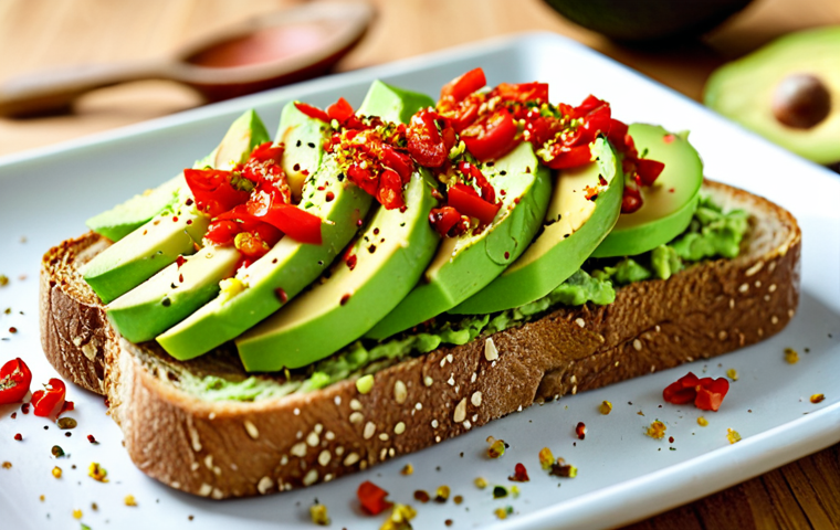 **Image Prompt:** Close-up shot of avocado toast. Roughly mashed avocado on golden sourdough bread, sprinkled with red pepper flakes. Focus on the texture of the bread and the vibrant green of the avocado.