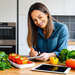Leftover Transformation**

A brightly lit kitchen scene showcasing a diverse assortment of vegetables (carrots, bell peppers, spinach) and cooked grains (rice, quinoa) arranged artfully on a wooden countertop. A woman in her 30s, wearing a casual but professional blouse and jeans, is smiling as she uses a tablet displaying a recipe. In the background, a clean and modern kitchen is visible. "safe for work", "appropriate content", "fully clothed", "modest clothing", "professional photograph", "perfect anatomy", "correct proportions", "natural pose", "family-friendly".

**