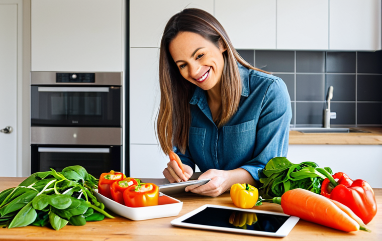 Leftover Transformation**
A brightly lit kitchen scene showcasing a diverse assortment of vegetables (carrots, bell peppers, spinach) and cooked grains (rice, quinoa) arranged artfully on a wooden countertop. A woman in her 30s, wearing a casual but professional blouse and jeans, is smiling as she uses a tablet displaying a recipe. In the background, a clean and modern kitchen is visible. "safe for work", "appropriate content", "fully clothed", "modest clothing", "professional photograph", "perfect anatomy", "correct proportions", "natural pose", "family-friendly".
**